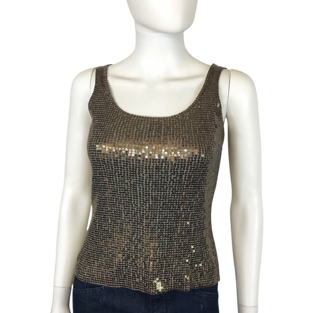 Carmen Marc Valvo Sequin Blouse Gold Sleeveless Holiday Party Top